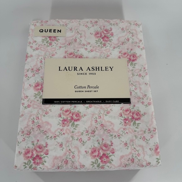 NWT LAURA ASHLEY Evie Queen Size Pink / Green Floral Cotton Percale Sheet Set